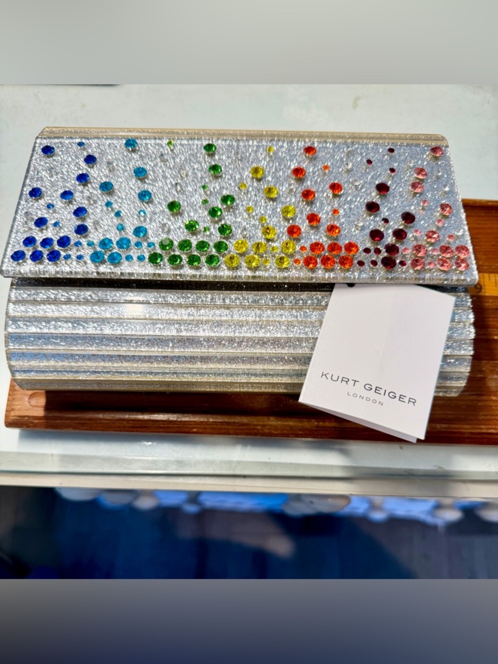 NWT Kirk Geiger Silver Rainbow Crystal Evening Clutch in box